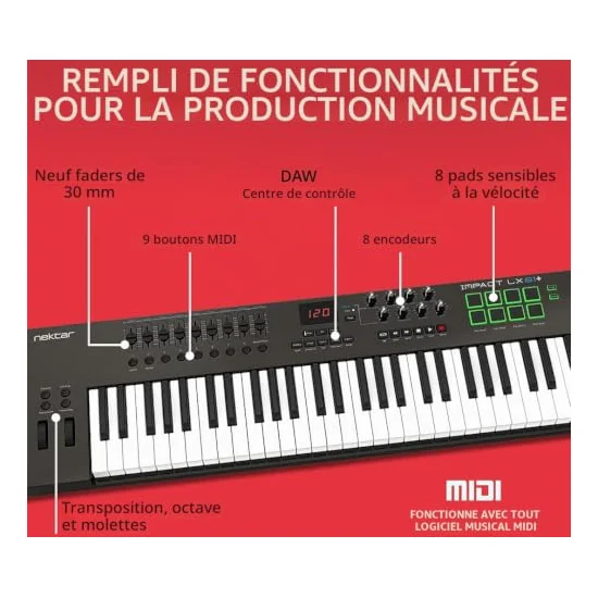 Autre vue du Clavier maître MIDI Nektar Impact LX61+